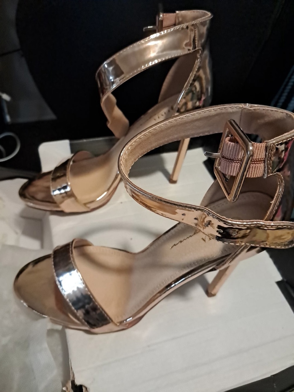 Metallic Rose Gold Ankle Strap Stiletto Sandals - Women